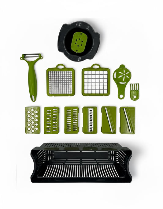 Razatoare Multifunctionala 2 in 1 pentru legume si fructe, 16 de piese, Cu functie de caserola, Lame din otel inoxidabil si maner protectie