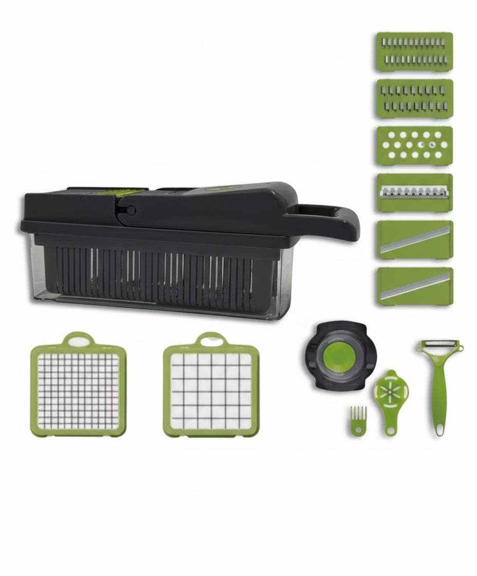 Razatoare Multifunctionala 2 in 1 pentru legume si fructe, 16 de piese, Cu functie de caserola, Lame din otel inoxidabil si maner protectie
