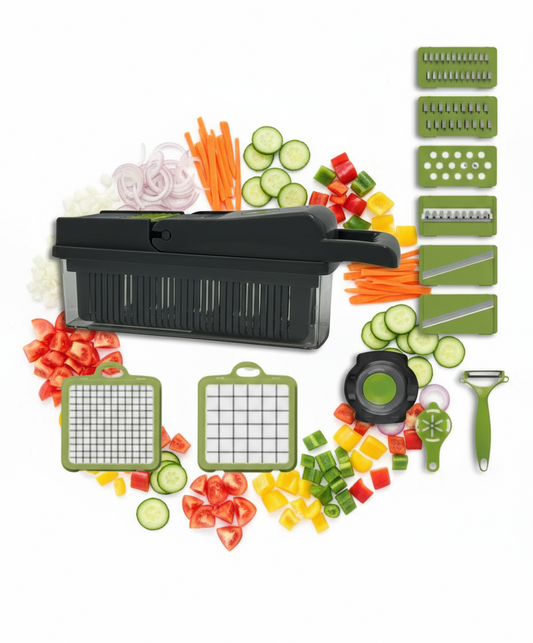 Razatoare Multifunctionala 2 in 1 pentru legume si fructe, 16 de piese, Cu functie de caserola, Lame din otel inoxidabil si maner protectie