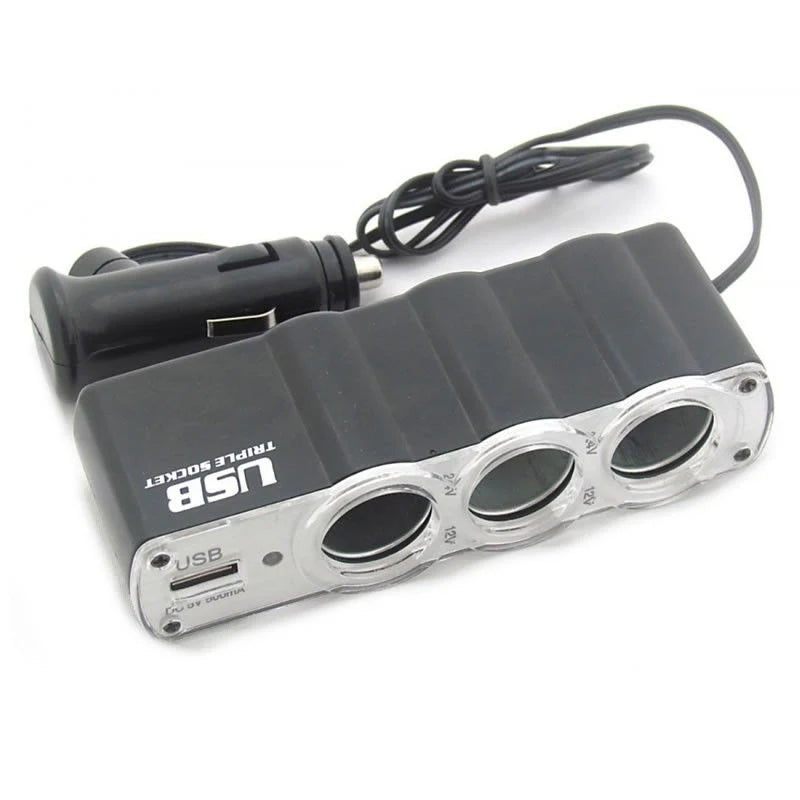 Priza Auto Cu USB, 3 Iesiri Tip Bricheta, Cablu 40 Cm
