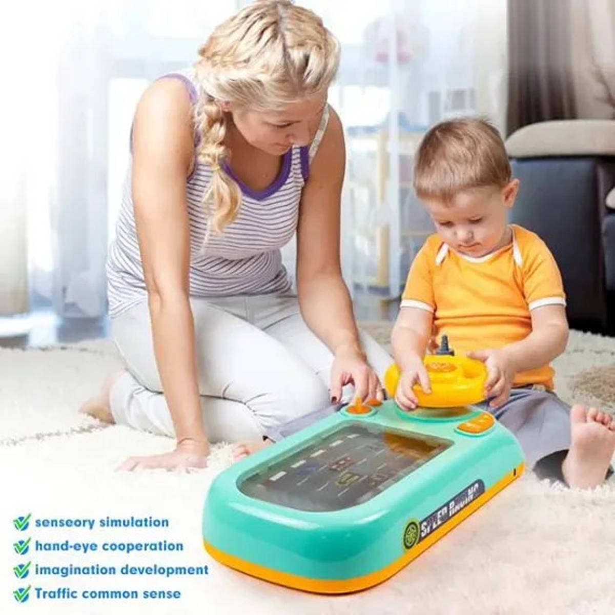 Volan interactiv pentru copii 3+, jucărie educativă și muzicală cu lumini, sunete și 2 viteze, 43x22x13 cm
