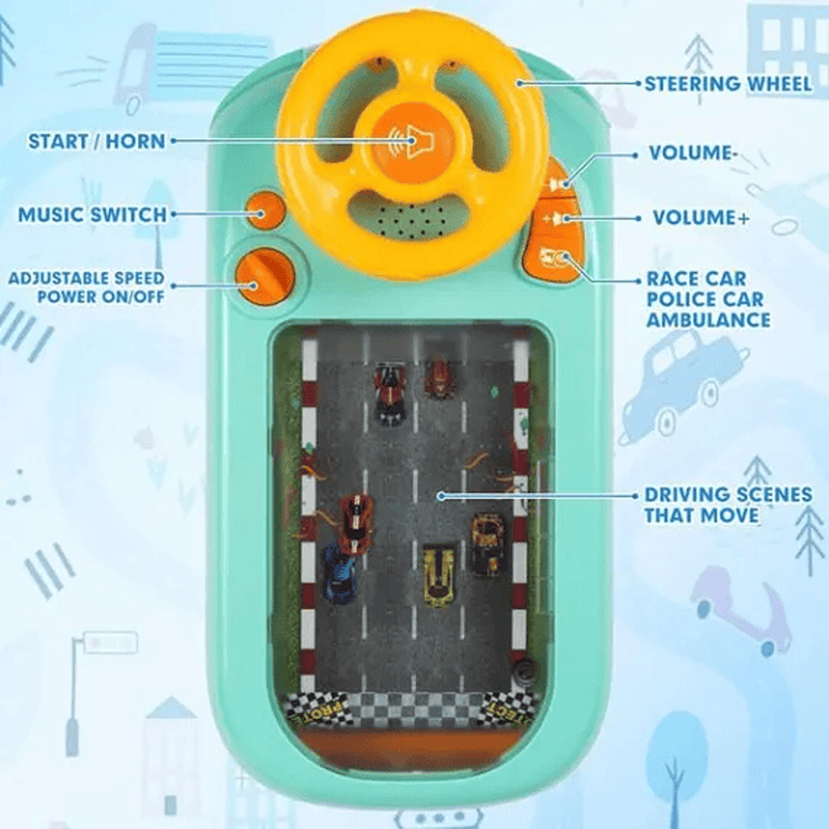 Volan interactiv pentru copii 3+, jucărie educativă și muzicală cu lumini, sunete și 2 viteze, 43x22x13 cm