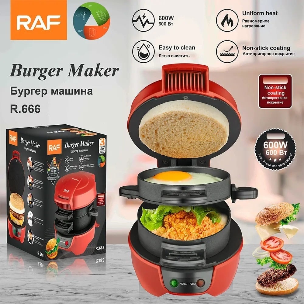 Aparat de facut burgeri sau sandwich-uri RAF 600W, Rosu