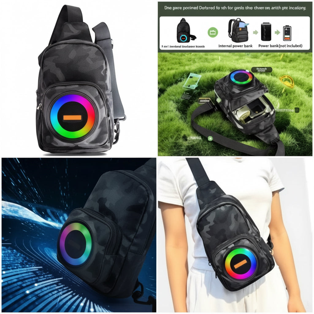 Rucsac cu boxa portabila, Bluetooth 5.0, lumini RGB, FM, TWS si power bank, 17 x 10.5 x 19.5 cm