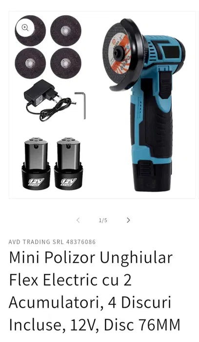 Mini Polizor Unghiular Electric cu 2 Acumulator,Flex Portabil, 12V, Disc 76MM