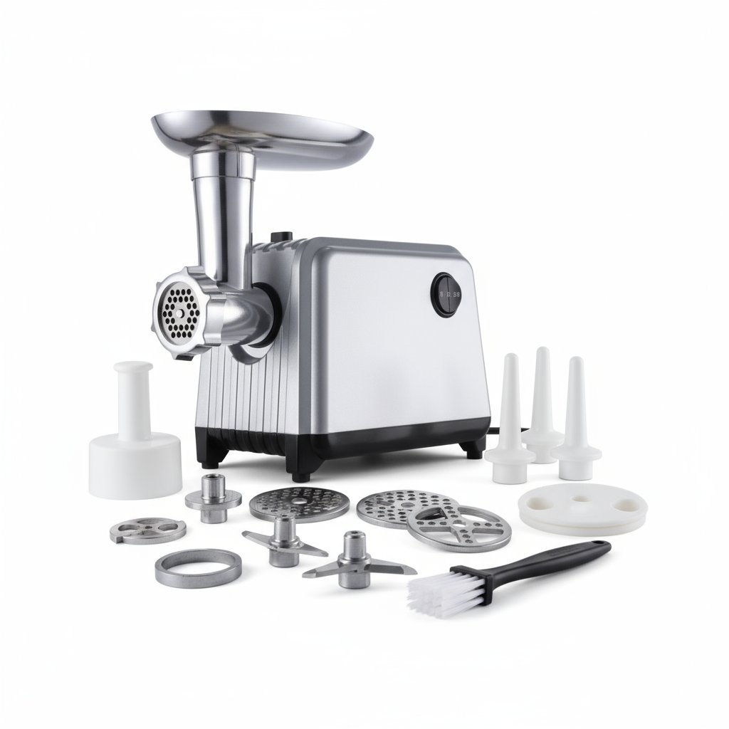 Mașină de tocat carne profesională 2000W, 3 site inox și accesorii incluse.