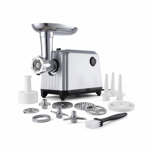 Mașină de tocat carne profesională 2000W, 3 site inox și accesorii incluse.