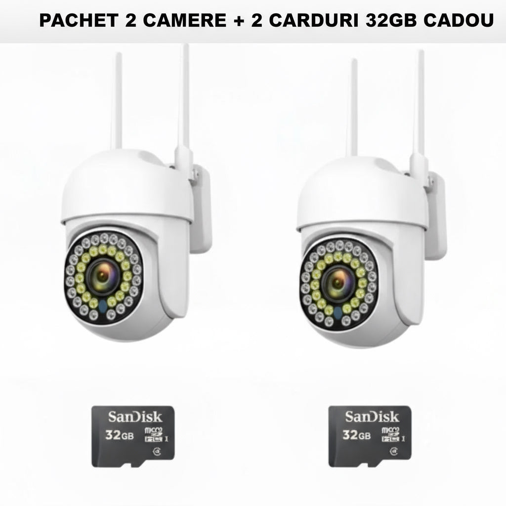Pachet x2 Camere Wifi de Exterior  + x2 Card 32 GB, Vizualizare Live pe Telefon, Night Vision, Senzor de Miscare