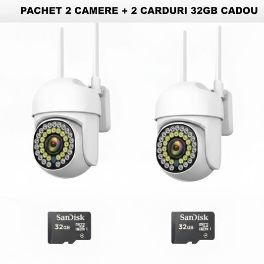 Pachet x2 Camere Wifi de Exterior  + x2 Card 32 GB, Vizualizare Live pe Telefon, Night Vision, Senzor de Miscare