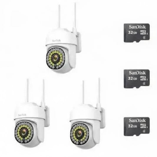 Pachet  x3 Camere Wifi de Exterior  + x3 Card 32 GB, Vizualizare Live pe Telefon, Night Vision, Senzor de Miscare.