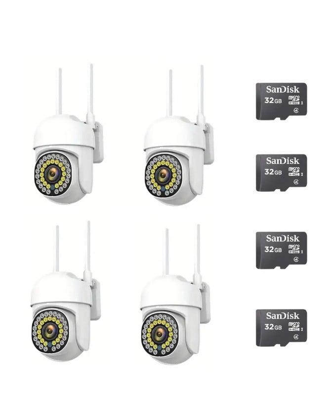 Pachet x 4 Camere Wifi de Exterior  + x4 Card 32 GB, Vizualizare Live pe Telefon, Night Vision, Senzor de Miscare.