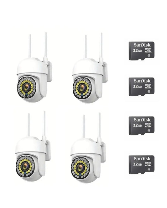 Pachet x 4 Camere Wifi de Exterior  + x4 Card 32 GB, Vizualizare Live pe Telefon, Night Vision, Senzor de Miscare.