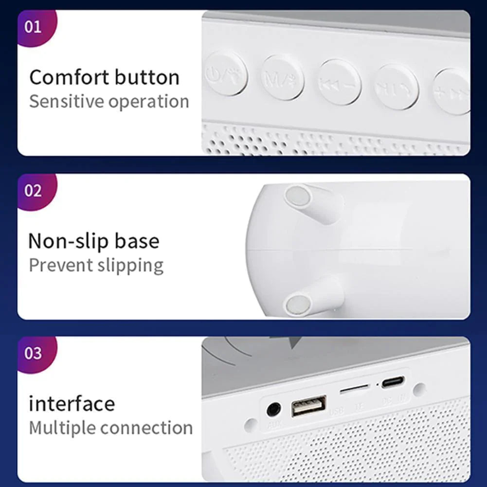 Lampa Smart LED RGB si Incarcator Wireless 15W, Lumini Ambientale, Sincronizare muzicala, Difuzor 5W, Muzica Bluetooth, USB, FM Radio, MicroSD, AUX, Afisaj Digital, Alarma, Alb