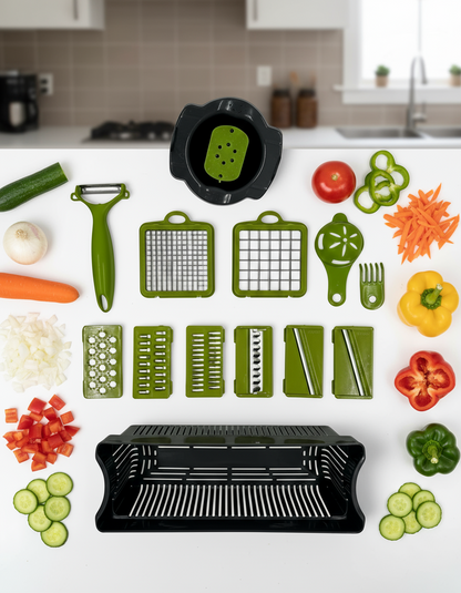 Razatoare Multifunctionala 2 in 1 pentru legume si fructe, 16 de piese, Cu functie de caserola, Lame din otel inoxidabil si maner protectie