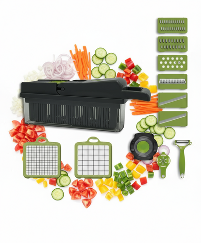 Razatoare Multifunctionala 2 in 1 pentru legume si fructe, 16 de piese, Cu functie de caserola, Lame din otel inoxidabil si maner protectie