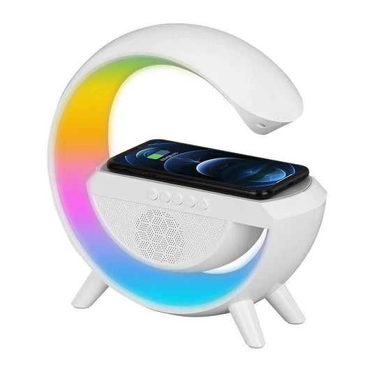Lampa Smart LED RGB si Incarcator Wireless 15W, Lumini Ambientale, Sincronizare muzicala, Difuzor 5W, Muzica Bluetooth, USB, FM Radio, MicroSD, AUX, Afisaj Digital, Alarma, Alb