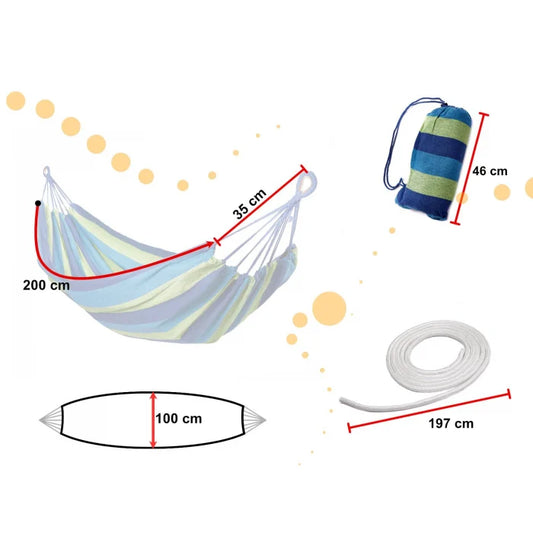 Hamac Multicolor Simplu (1 persoana), 200 x 100 cm + Kit de instalare - ALBASTRU