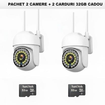 Pachet x2 Camere Wifi de Exterior  + x2 Card 32 GB, Vizualizare Live pe Telefon, Night Vision, Senzor de Miscare