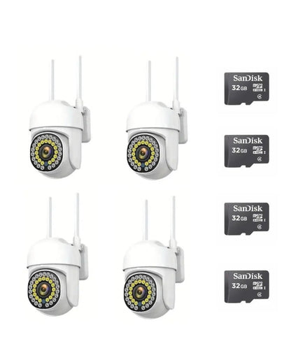 Pachet x 4 Camere Wifi de Exterior  + x4 Card 32 GB, Vizualizare Live pe Telefon, Night Vision, Senzor de Miscare.