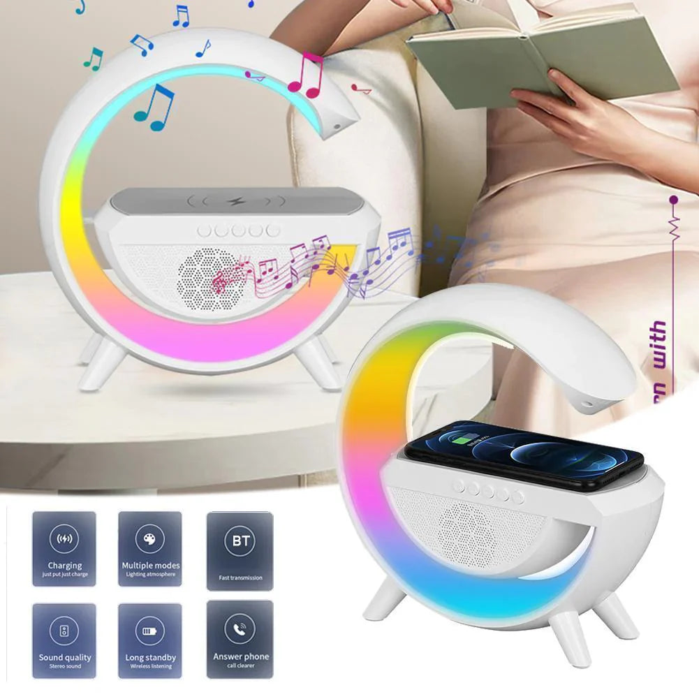 Lampa Smart LED RGB si Incarcator Wireless 15W, Lumini Ambientale, Sincronizare muzicala, Difuzor 5W, Muzica Bluetooth, USB, FM Radio, MicroSD, AUX, Afisaj Digital, Alarma, Alb