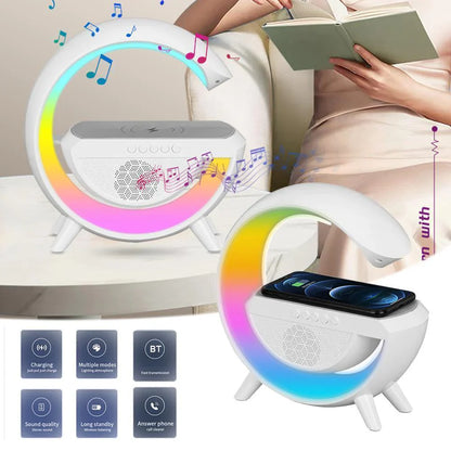 Lampa Smart LED RGB si Incarcator Wireless 15W, Lumini Ambientale, Sincronizare muzicala, Difuzor 5W, Muzica Bluetooth, USB, FM Radio, MicroSD, AUX, Afisaj Digital, Alarma, Alb